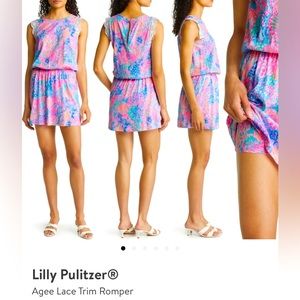 Lilly Pulitzer, Agee Lace Trim Romper, Size Small, “Splendor in the Sand” print